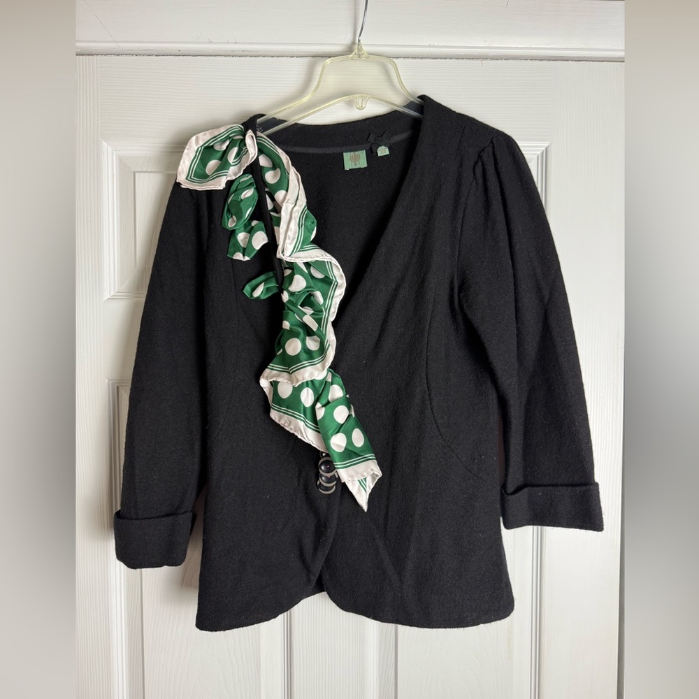 Anthropologie HWR Black Cardigan with White and Green Scarf Detail - NWOT